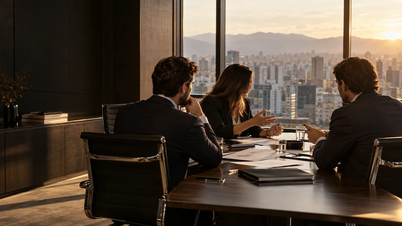 Tres profesionales reunidos alrededor de una mesa frente a la ciudad