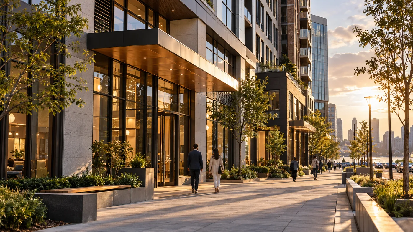 Edificios residenciales con locales en planta baja en una calle arbolada