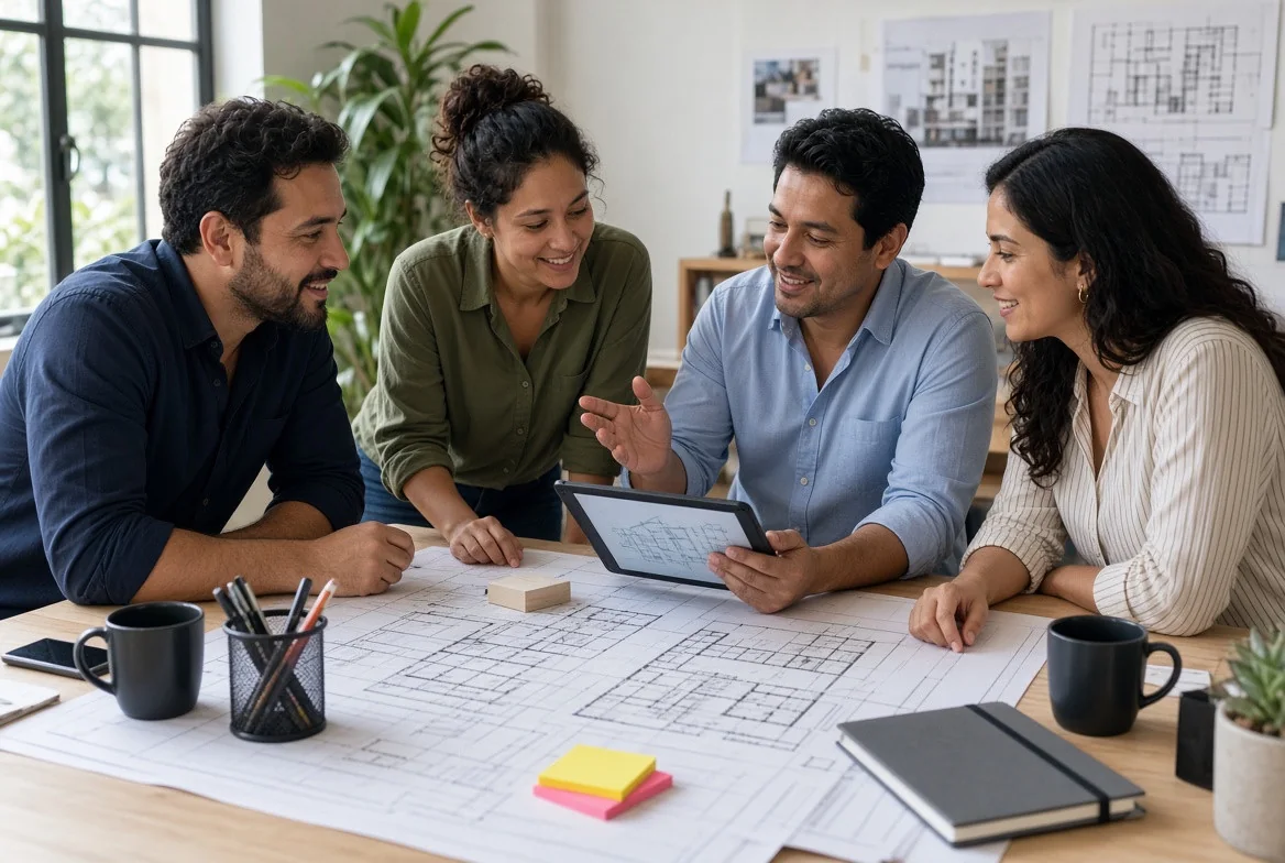 Cuatro personas revisan planos y una tableta alrededor de una mesa