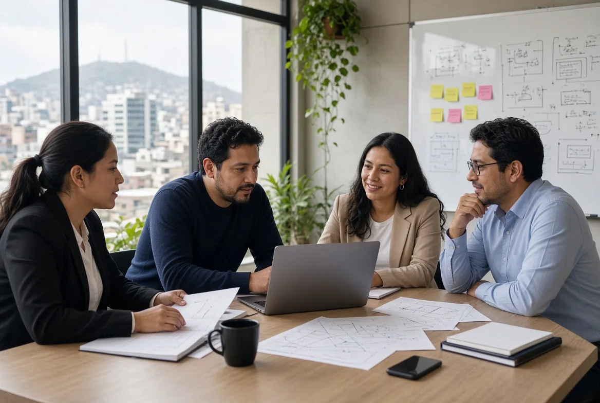 Cuatro personas trabajan con una computadora portátil y diagramas en una oficina