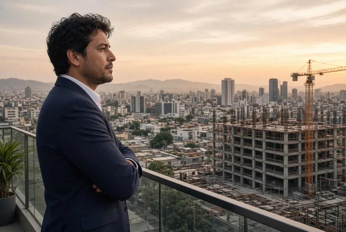 Hombre con saco en una terraza frente a edificios y una obra al atardecer